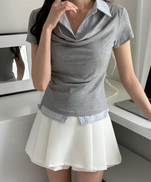 Emilie(エミリー)の「ドレープネック レイヤードシャツドッキング 半袖トップス(シャツ/ブラウス・レディース・ブラック/グレー/チャコールグレー・FREE)」の7枚目の写真