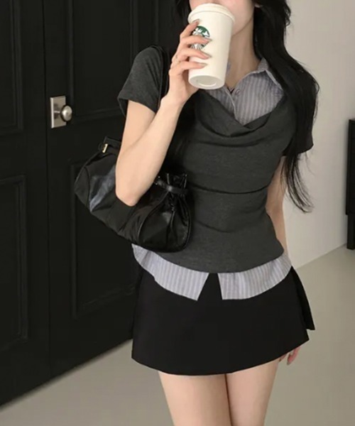 Emilie(エミリー)の「ドレープネック レイヤードシャツドッキング 半袖トップス(シャツ/ブラウス・レディース・ブラック/グレー/チャコールグレー・FREE)」の10枚目の写真