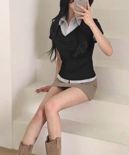 Emilie(エミリー)の「ドレープネック レイヤードシャツドッキング 半袖トップス(シャツ/ブラウス・レディース・ブラック/グレー/チャコールグレー・FREE)」の13枚目の写真