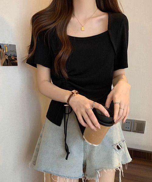2ly2(トゥーリートゥー)の「サイドドローストリング アシンメトリー 半袖トップス(Tシャツ/カットソー・レディース・ブラック/グリーン/ピンク・FREE)」の8枚目の写真