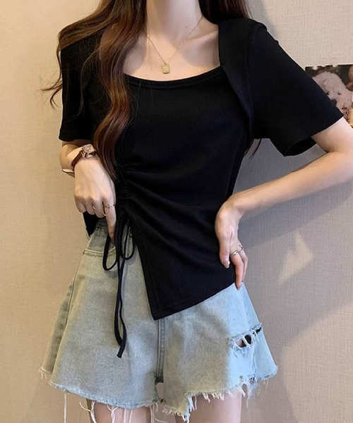 2ly2(トゥーリートゥー)の「サイドドローストリング アシンメトリー 半袖トップス(Tシャツ/カットソー・レディース・ブラック/グリーン/ピンク・FREE)」の9枚目の写真