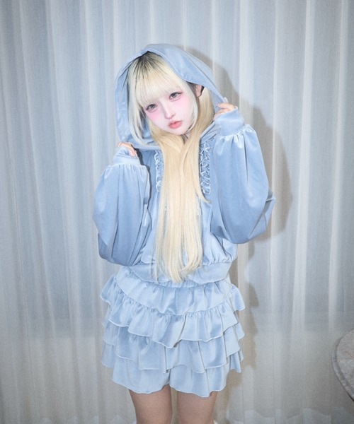 Lovilyn(ラヴィリン)の「フリルベロアジャージパーカー(パーカー・レディース・ブラウン/サックスブルー/ピンク・FREE)」の10枚目の写真