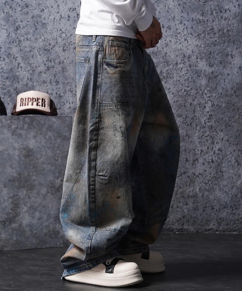 1111clothing（ワンフォークロージング）の「ヴィンテージ加工 バレルジーンズ / Vintage Wash Barrel Leg Jeans（デニムパンツ・メンズ・ブルー・XL/L/M）」の18枚目の写真
