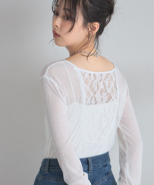 &. NOSTALGIA(アンドドットノスタルジア)の「バックレース切替シアートップス(Tシャツ/カットソー・レディース・オフホワイト/ブラック/グレー・FREE)」の4枚目の写真