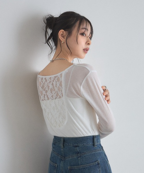 &. NOSTALGIA(アンドドットノスタルジア)の「バックレース切替シアートップス(Tシャツ/カットソー・レディース・オフホワイト/ブラック/グレー・FREE)」の5枚目の写真