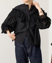 ビアズリー beardsley リネン混　バックボタン　ショートブラウス　シャツ BEARDSLEY｜ビアズリーのシャツ/ブラウス（ブラック/黒色系）通販