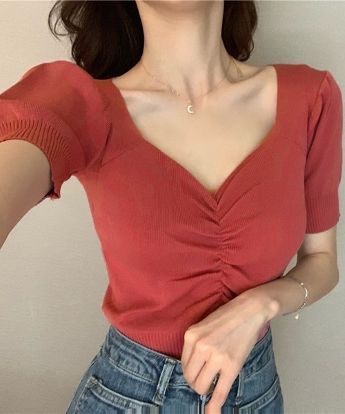 Beststore（ベストストア）の「ニットソー半袖 ショートｖネック ニットソー（ニット/セーター・レディース・ライトベージュ/グリーン/イエロー/ブラック/ホワイト/エンジ/パープル・FREE）」の7枚目の写真