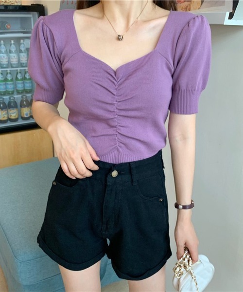 Beststore（ベストストア）の「ニットソー半袖 ショートｖネック ニットソー（ニット/セーター・レディース・ライトベージュ/グリーン/イエロー/ブラック/ホワイト/エンジ/パープル・FREE）」の8枚目の写真