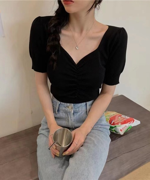 Beststore（ベストストア）の「ニットソー半袖 ショートｖネック ニットソー（ニット/セーター・レディース・ライトベージュ/グリーン/イエロー/ブラック/ホワイト/エンジ/パープル・FREE）」の9枚目の写真