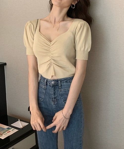 Beststore（ベストストア）の「ニットソー半袖 ショートｖネック ニットソー（ニット/セーター・レディース・ライトベージュ/グリーン/イエロー/ブラック/ホワイト/エンジ/パープル・FREE）」の10枚目の写真