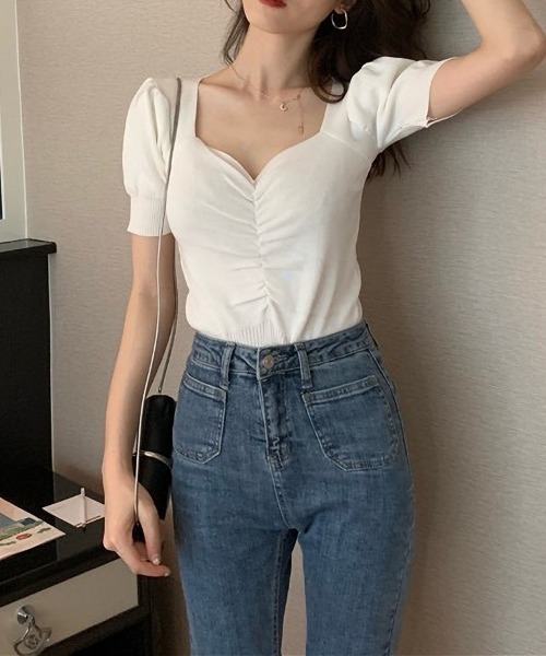 Beststore（ベストストア）の「ニットソー半袖 ショートｖネック ニットソー（ニット/セーター・レディース・ライトベージュ/グリーン/イエロー/ブラック/ホワイト/エンジ/パープル・FREE）」の12枚目の写真