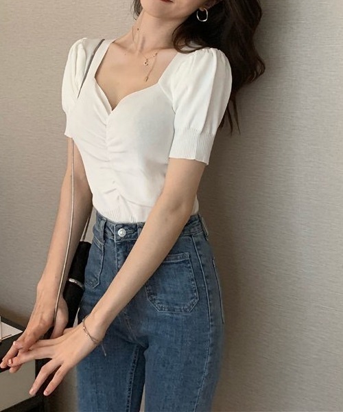 Beststore（ベストストア）の「ニットソー半袖 ショートｖネック ニットソー（ニット/セーター・レディース・ライトベージュ/グリーン/イエロー/ブラック/ホワイト/エンジ/パープル・FREE）」の13枚目の写真