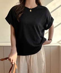 クルーネック ロールアップスリーブ シンプルTシャツ