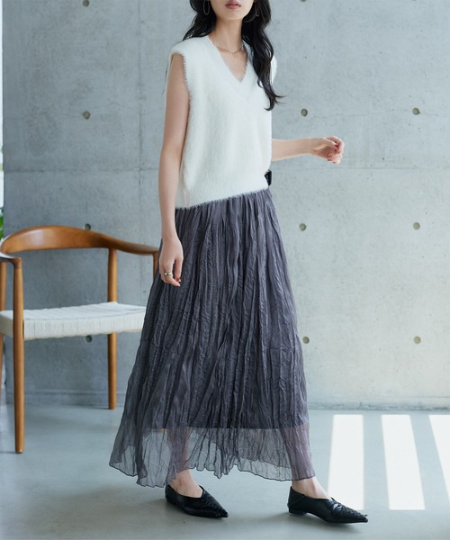 KOBE LETTUCE（コウベレタス）の「ワッシャーシアーロングスカート（スカート・レディース・イエロー/チャコール・M）」の3枚目の写真