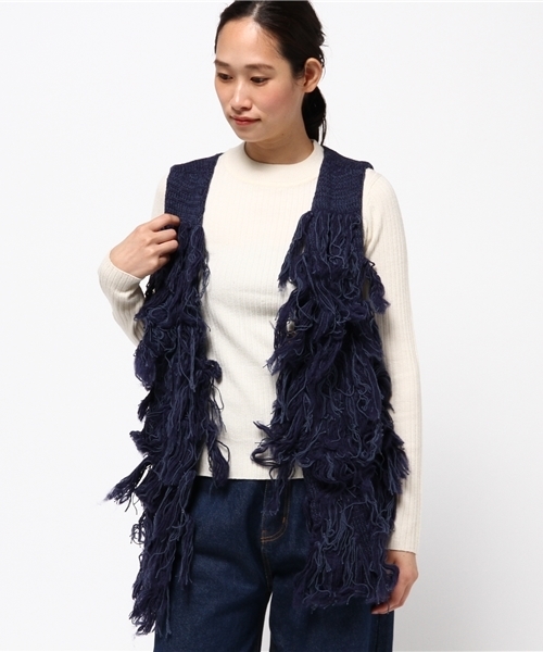 チャイハネ（チャイハネ）の「【チャイハネ】ウール混フリンジショートベスト（ベスト・レディース・ホワイト/ブルー・FREE）」の8枚目の写真