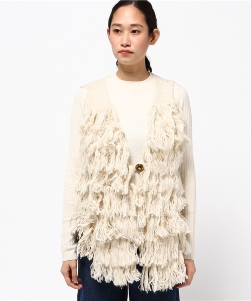 チャイハネ（チャイハネ）の「【チャイハネ】ウール混フリンジショートベスト（ベスト・レディース・ホワイト/ブルー・FREE）」の3枚目の写真