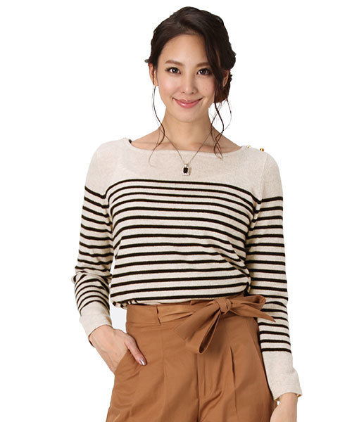 sankyo shokai(サンキョウショウカイ)の「カシミヤ100% ボーダー ニット セーター(ニット/セーター・レディース・ピンク/オフホワイト・LL/M/L/S)」の2枚目の写真