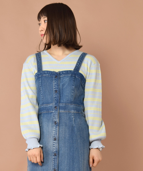 w closet（ダブルクローゼット）の「ワイドリブVネックプルオーバー（ニット/セーター・レディース・ピンク/ホワイト×ブラック/ブラック/ブルー系その他/キナリ・FREE）」の5枚目の写真