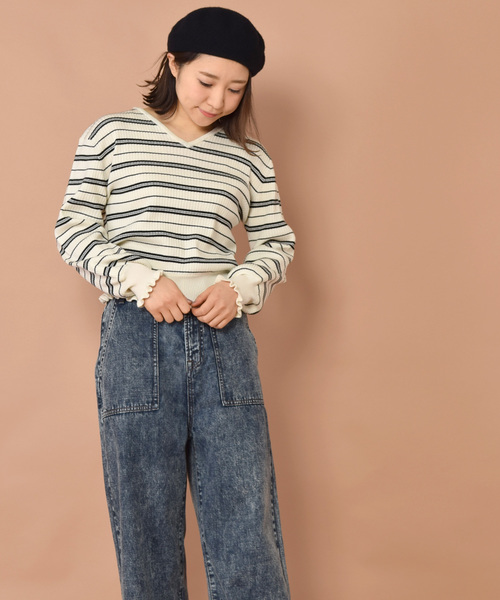 w closet（ダブルクローゼット）の「ワイドリブVネックプルオーバー（ニット/セーター・レディース・ピンク/ホワイト×ブラック/ブラック/ブルー系その他/キナリ・FREE）」の13枚目の写真