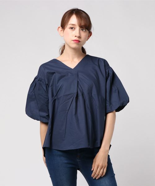 KOBE LETTUCE（コウベレタス）の「Vネックバルーン袖ブラウス＊レディース/トップス[C3354]神戸レタス（シャツ/ブラウス・レディース・ネイビー/オフホワイト/イエロー/グリーン/ストライプ・FREE）」の4枚目の写真
