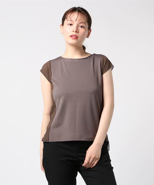 12Twelve Agenda（トゥエルブ　アジェンダ）の「異素材切替フレンチスリーブカットソープルオーバー（Tシャツ/カットソー・レディース・ブラック/ブラウン/オフホワイト/ブルーグリーン・M）」の3枚目の写真