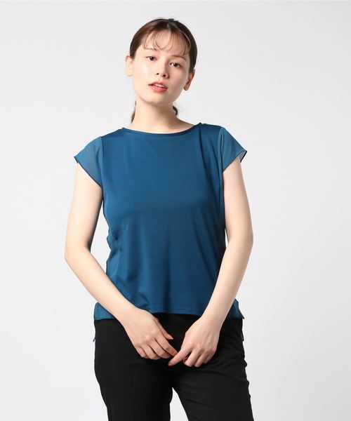 12Twelve Agenda（トゥエルブ　アジェンダ）の「異素材切替フレンチスリーブカットソープルオーバー（Tシャツ/カットソー・レディース・ブラック/ブラウン/オフホワイト/ブルーグリーン・M）」の4枚目の写真