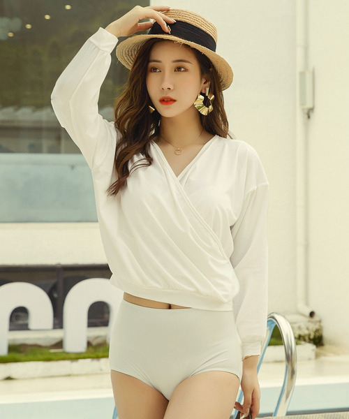 TeddyShop（テディショップ）の「レディース 長袖カシュクール風ラッシュガードトップス（ラッシュガード・レディース・ブラウン/ブラック/ホワイト・L/M）」の4枚目の写真