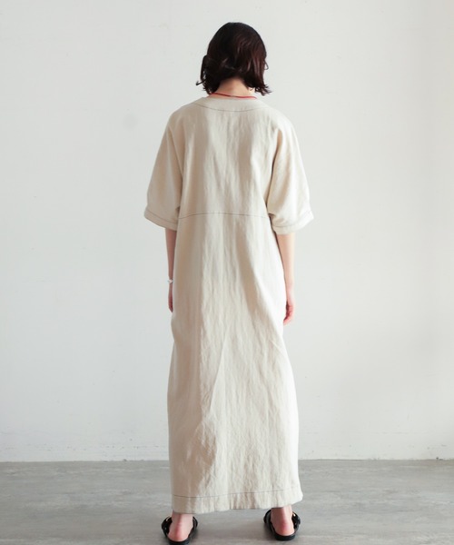 NOMBRE IMPAIR(ノンブルアンペール)の「綿麻ツイル刺繍 5分袖ワンピース(ワンピース・レディース・ブラック/キナリ・FREE)」の5枚目の写真