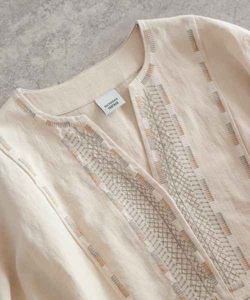 45R 5部袖 ワンピース 綿 リネン ラミー 刺繍 ピンク 日本製 45R - 45R/45rpm/ギマツィード刺繍ワンピースの通販 by