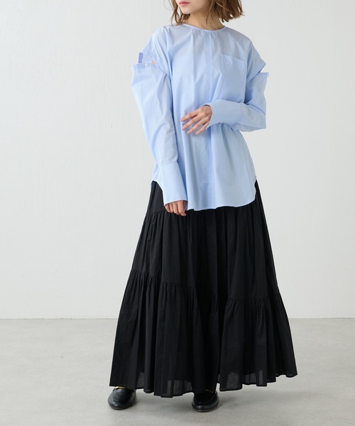 Lui's（ルイス）の「コットンボイルアシメティアードスカート（スカート・レディース・ブルー/オフホワイト/ブラック・FREE）」の21枚目の写真
