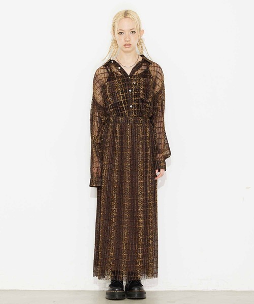 X-girl（エックスガール）の「PLEATED SHEER SKIRT/ヒョウ柄 メッシュ プリーツ シアースカート/ロングスカート（スカート・レディース・ベージュ/グリーン・S/M）」の5枚目の写真