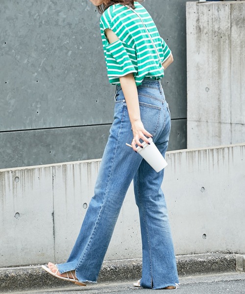 CIAOPANIC TYPY(チャオパニックティピー)の「▽ボーダーカットアウトショートスリーブトップス(Tシャツ/カットソー・レディース・ブラック/グリーン/ピンク/オレンジ・ONE SIZE)」の6枚目の写真