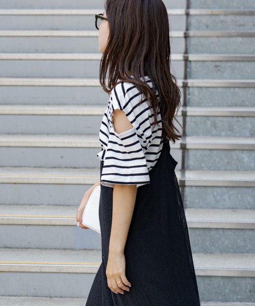 CIAOPANIC TYPY(チャオパニックティピー)の「▽ボーダーカットアウトショートスリーブトップス(Tシャツ/カットソー・レディース・ブラック/グリーン/ピンク/オレンジ・ONE SIZE)」の16枚目の写真