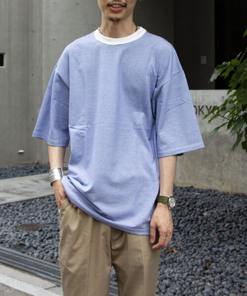 GLOSTER（グロスター）の「【GLOSTER ROAD/グロスターロード】ミジンボーダー リンガーTシャツ ビッグシルエット（Tシャツ/カットソー・メンズ・ホワイト系その他/ブルー系その他/ベージュ系その他/レッド系その他・L/M）」の3枚目の写真