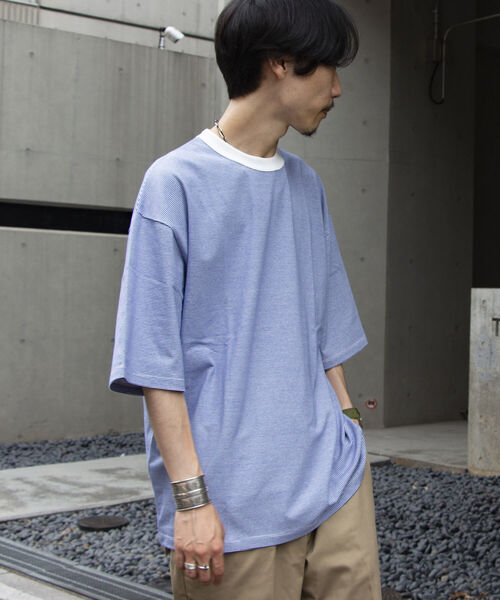 GLOSTER（グロスター）の「【GLOSTER ROAD/グロスターロード】ミジンボーダー リンガーTシャツ ビッグシルエット（Tシャツ/カットソー・メンズ・ホワイト系その他/ブルー系その他/ベージュ系その他/レッド系その他・L/M）」の7枚目の写真