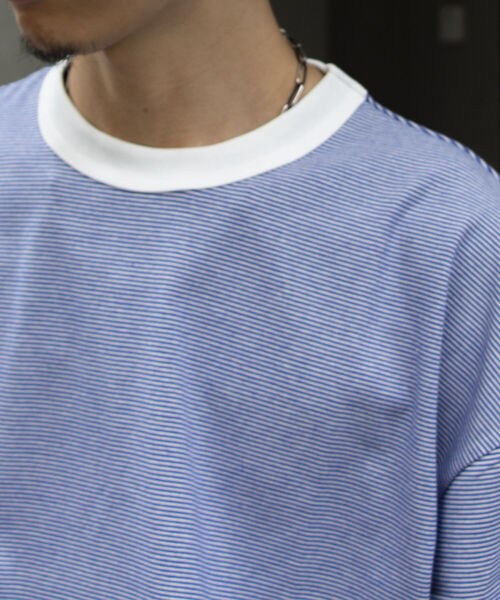 GLOSTER（グロスター）の「【GLOSTER ROAD/グロスターロード】ミジンボーダー リンガーTシャツ ビッグシルエット（Tシャツ/カットソー・メンズ・ホワイト系その他/ブルー系その他/ベージュ系その他/レッド系その他・L/M）」の16枚目の写真