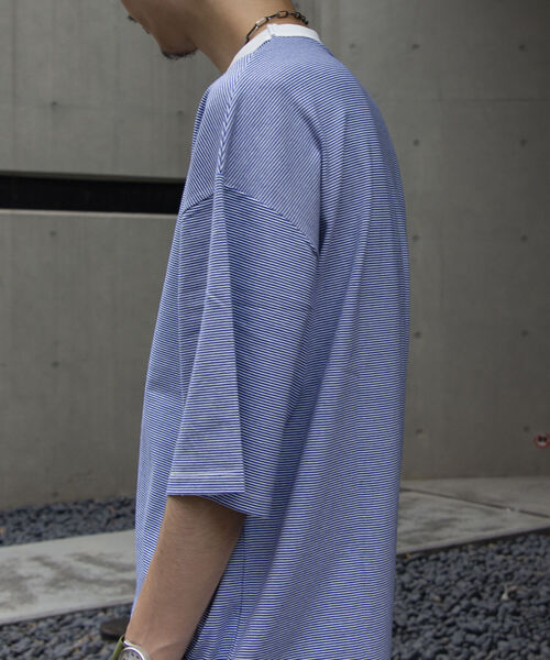 GLOSTER（グロスター）の「【GLOSTER ROAD/グロスターロード】ミジンボーダー リンガーTシャツ ビッグシルエット（Tシャツ/カットソー・メンズ・ホワイト系その他/ブルー系その他/ベージュ系その他/レッド系その他・L/M）」の19枚目の写真