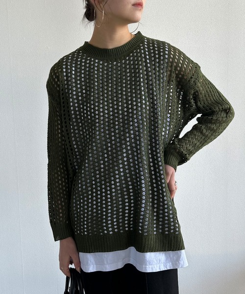 Kotoe(コトエ)の「レディース ビッグシルエット メッシュ編みニット セーター(ニット/セーター・レディース・ホワイト/ブラック/カーキ/グレー・FREE)」の4枚目の写真
