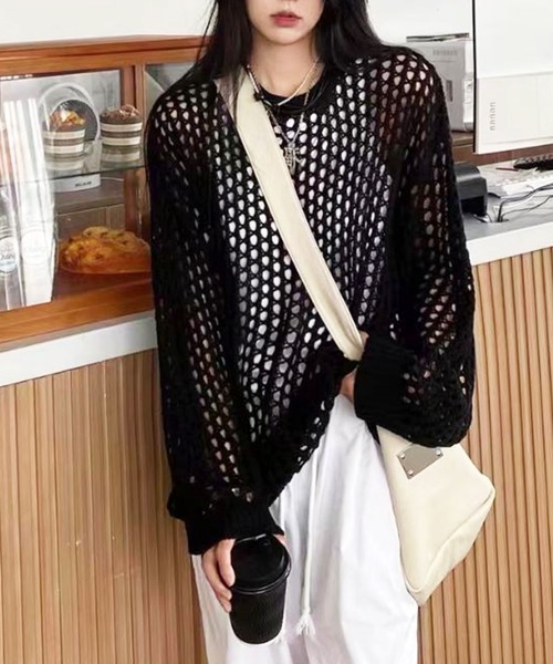 Kotoe(コトエ)の「レディース ビッグシルエット メッシュ編みニット セーター(ニット/セーター・レディース・ホワイト/ブラック/カーキ/グレー・FREE)」の2枚目の写真