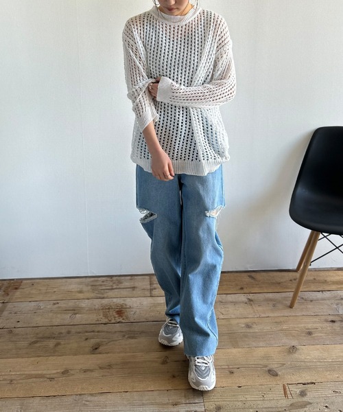 Kotoe(コトエ)の「レディース ビッグシルエット メッシュ編みニット セーター(ニット/セーター・レディース・ホワイト/ブラック/カーキ/グレー・FREE)」の8枚目の写真