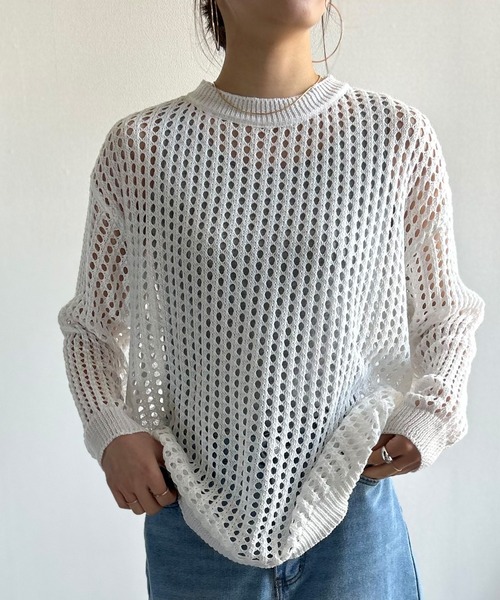 Kotoe(コトエ)の「レディース ビッグシルエット メッシュ編みニット セーター(ニット/セーター・レディース・ホワイト/ブラック/カーキ/グレー・FREE)」の7枚目の写真
