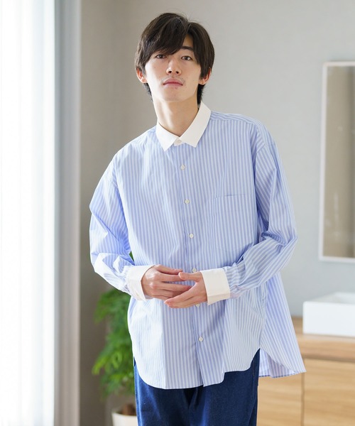 BRICK & SONS(ブリックアンドサンズ)の「リラックスバックプリーツシャツ<サックスブルーストライプ>(シャツ/ブラウス・メンズ・サックスブルー・LL/S/M/L/XS)」の2枚目の写真
