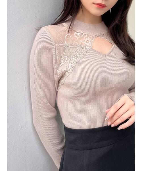 RESEXXY(リゼクシー)の「ラグランレースニットトップス(ニット/セーター・レディース・ブラック/ホワイト/ベージュ・FREE)」の1枚目の写真