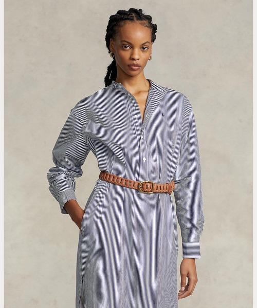 【極美品】ポロ ルフローレン 半袖 シャツワンピース シャツドレス ストライプ ストライプド コットン シャツドレス （ミニ丈・ひざ丈ワンピース