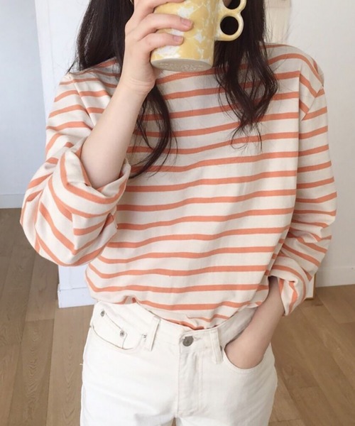 Girly Doll（ガーリードール）の「クルーネックボーダーロングTシャツ（Tシャツ/カットソー・レディース・ライトブルー/ダークブルー/オレンジ/ピンク・M/L）」の4枚目の写真