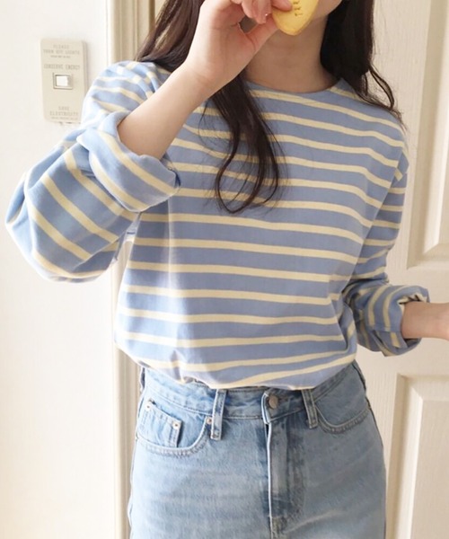 Girly Doll（ガーリードール）の「クルーネックボーダーロングTシャツ（Tシャツ/カットソー・レディース・ライトブルー/ダークブルー/オレンジ/ピンク・M/L）」の2枚目の写真