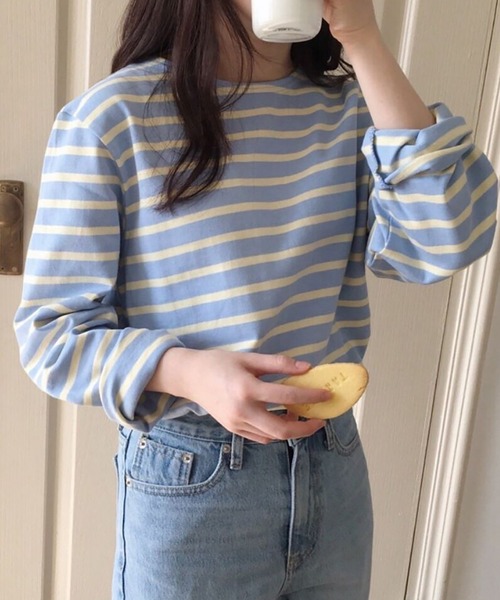 Girly Doll（ガーリードール）の「クルーネックボーダーロングTシャツ（Tシャツ/カットソー・レディース・ライトブルー/ダークブルー/オレンジ/ピンク・M/L）」の8枚目の写真