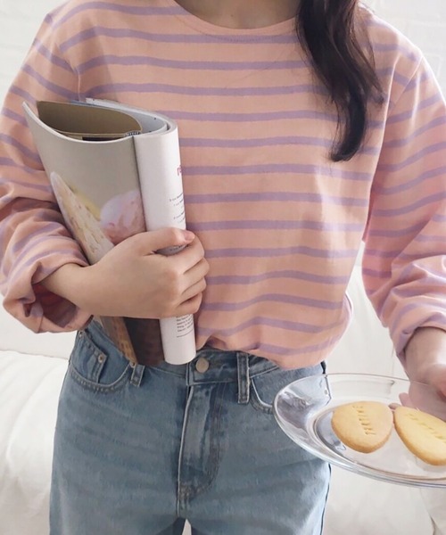 Girly Doll（ガーリードール）の「クルーネックボーダーロングTシャツ（Tシャツ/カットソー・レディース・ライトブルー/ダークブルー/オレンジ/ピンク・M/L）」の16枚目の写真