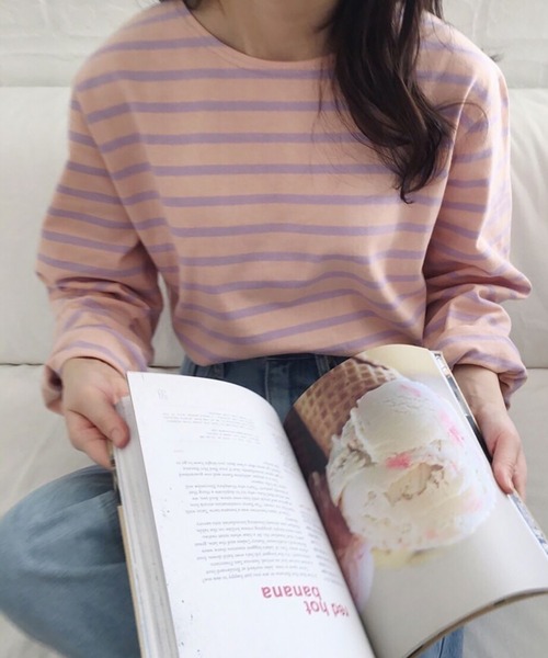 Girly Doll（ガーリードール）の「クルーネックボーダーロングTシャツ（Tシャツ/カットソー・レディース・ライトブルー/ダークブルー/オレンジ/ピンク・M/L）」の17枚目の写真