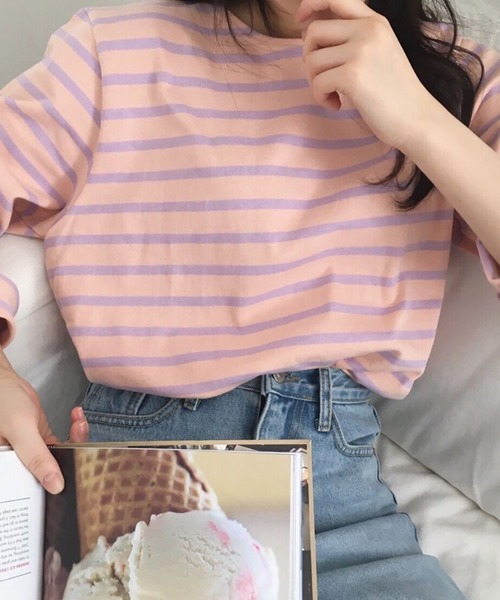 Girly Doll（ガーリードール）の「クルーネックボーダーロングTシャツ（Tシャツ/カットソー・レディース・ライトブルー/ダークブルー/オレンジ/ピンク・M/L）」の18枚目の写真